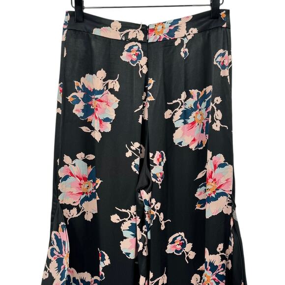 Anthropologie Elevenses Black Satin Floral Tansy Ruffled Wide Leg Slit Pants - Picture 7 of 12